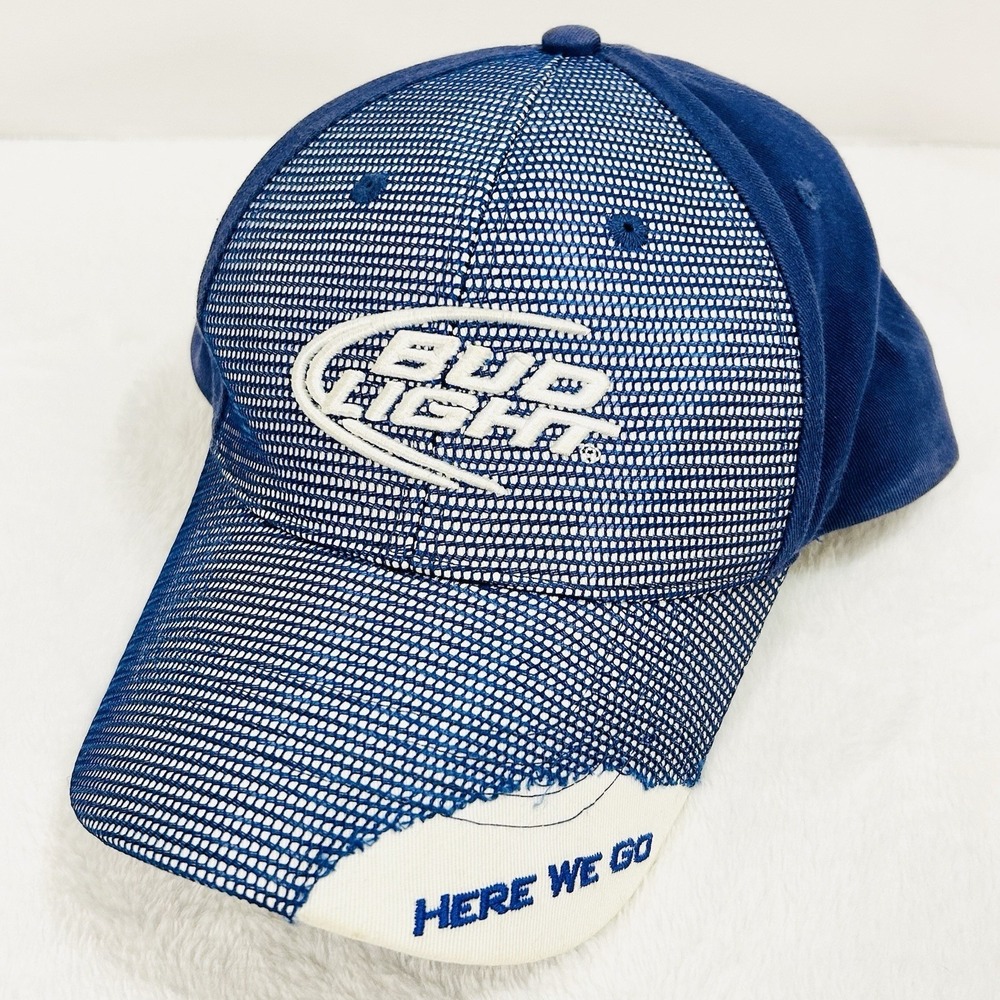 Bud Light Mesh Distressed Hat Cap Adjustable Strapback Blue Outdoors‎ Casual